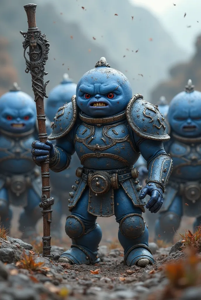 An army of blueberries ready to fight very angry in well-detailed 3D 