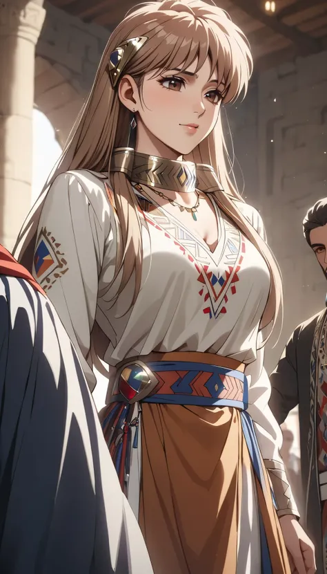((top quality)), ((masterpiece)), ( details), （perfect face）、 that woman is Princess Leona , medium length light brown hair、and an engagement ring、beautiful woman、 The woman is a beautiful Armenian man wearing an Armenian national costume.