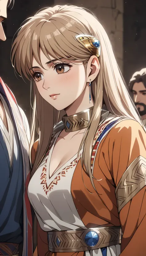 ((top quality)), ((masterpiece)), ( details), （perfect face）、 that woman is Princess Leona , medium length light brown hair、and an engagement ring、beautiful woman、 The woman is a beautiful Armenian man wearing an Armenian national costume.