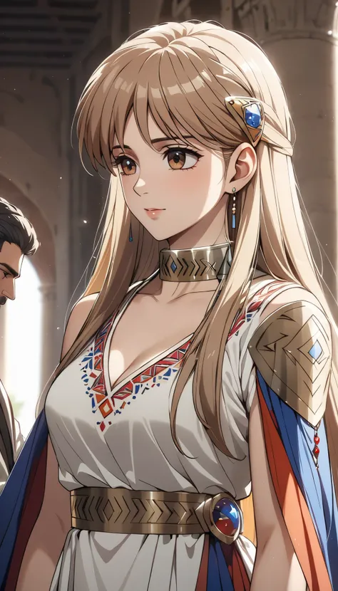 ((top quality)), ((masterpiece)), ( details), （perfect face）、 that woman is Princess Leona , medium length light brown hair、and an engagement ring、beautiful woman、 The woman is a beautiful Armenian man wearing an Armenian national costume.