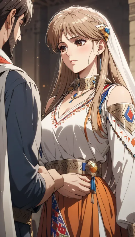 ((top quality)), ((masterpiece)), ( details), （perfect face）、 that woman is Princess Leona , medium length light brown hair、and an engagement ring、beautiful woman、 The woman is a beautiful Armenian man wearing an Armenian national costume.
