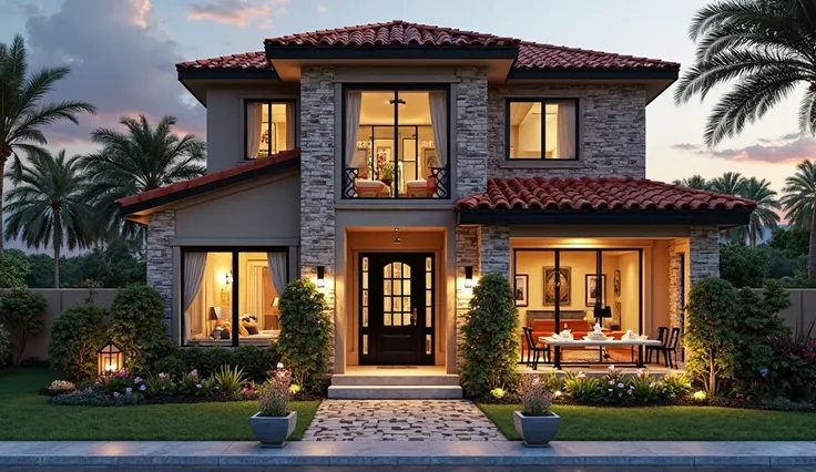 Superman and BatmanThe house features a Mediterranean style, characterized by terracotta-tiled roofs, beige-painted walls, and natural stone cladding. Its exterior combines dark-framed glass windows with warm red brick walls, creating a stylish contrast. L...