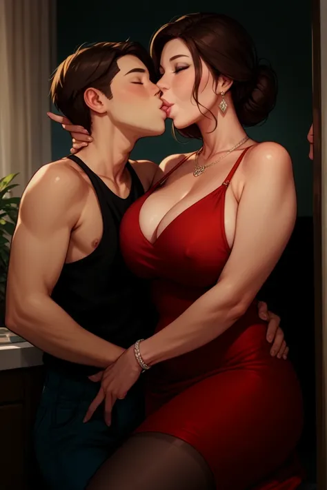  (disable censorship) , (realistic photo) , 1boy, 1 girl,  mature woman in sexy revealing dress , necklaces,  mother and son,  ,  Kissing  , ( Hit the wall ) (from behind) boy  , mom  Kissing  son