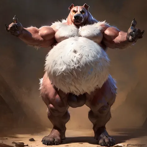 Big anthropoid pitbull, its huge and round belly is dominant; t-pose, t-stand, t-posing 3D model, monster hybrid, canine, pitbull: 1.6, thick furred body, fluffy fur, thick fur, long feet, long and sharp claws: 1.4, short legs, thick thighs, big fluffy fur...