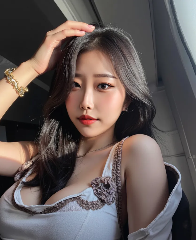  Fish eye camera amateur selfie of a Instagram influencer. A Asian woman with white t shirt with  lingerie indoors, no makeup. She has long black hair, cute , she is slim and big breasts under her clothes, model body, lighting is dim and dark, side boob is...