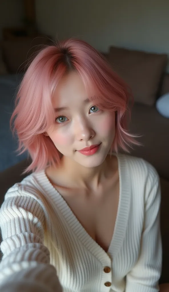 Korean asian Kazakhstan tiny body small breast Pink hair korean taking selfie Kasachstan korean asian tiny body slim fit small breast  model green eyes Lying on side on sofa hero short  hair    Look Playing with hair  bedroom dark light  Realistic photo  h...