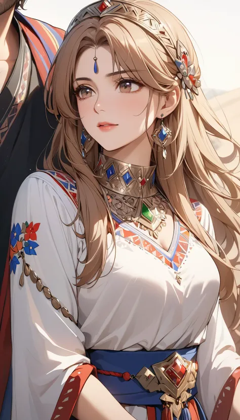 ((top quality)), ((masterpiece)), ( details), （perfect face）、 that woman is Princess Leona , medium length light brown hair、and an engagement ring、beautiful woman、 The woman is a beautiful Armenian man wearing an Armenian national costume.