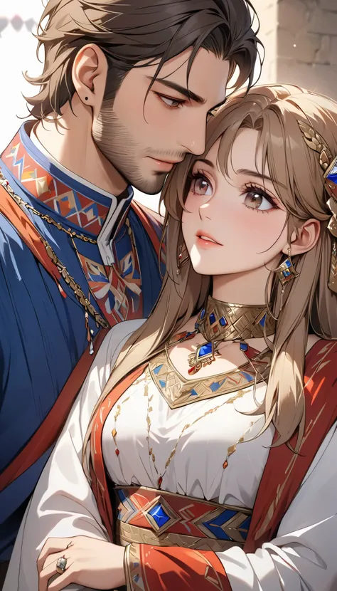 ((top quality)), ((masterpiece)), ( details), （perfect face）、 that woman is Princess Leona , medium length light brown hair、and an engagement ring、beautiful woman、 The woman is a beautiful Armenian man wearing an Armenian national costume.