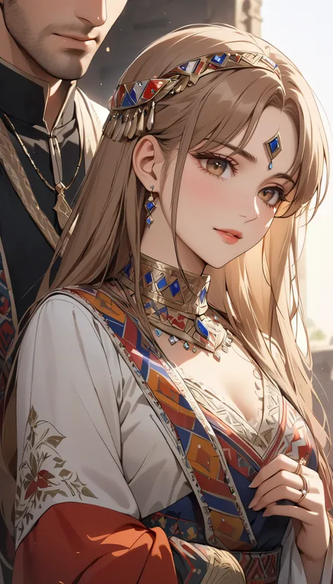 ((top quality)), ((masterpiece)), ( details), （perfect face）、 that woman is Princess Leona , medium length light brown hair、and an engagement ring、beautiful woman、 The woman is a beautiful Armenian man wearing an Armenian national costume.