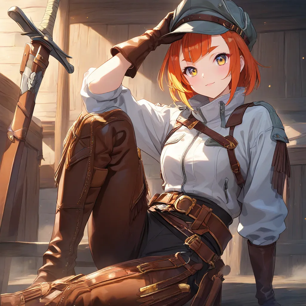 anime girl, short Ginger hair, Chartreuse eyes, Blue-grey slouch hat, White Shell jacket, fringed black leather cavalry gloves, Russet brown leather sword belt, Russet brown leather cartridge belt, fringed brown leather chaps, cavalry boots, barracks backg...