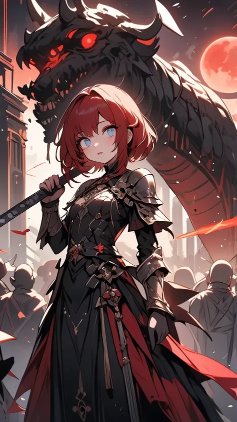 (best image quality),(girl holding a steel sword in her right hand),(A girl clad in dull, gleaming black iron armor),A girl around ,Petite,Xiaoyan,Small chest,Rin々with a good-looking face, bright red hair ,Very Shorthair,light blue eyes,Big Eyes,Rin々Eyes,r...