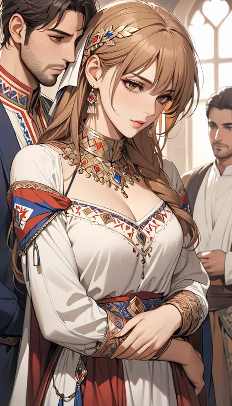 ((top quality)), ((masterpiece)), ( details), （perfect face）、(((One woman)))、 that woman is Princess Leona , medium length light brown hair、and an engagement ring、beautiful woman、 The woman is a beautiful Armenian man wearing an Armenian national costume.