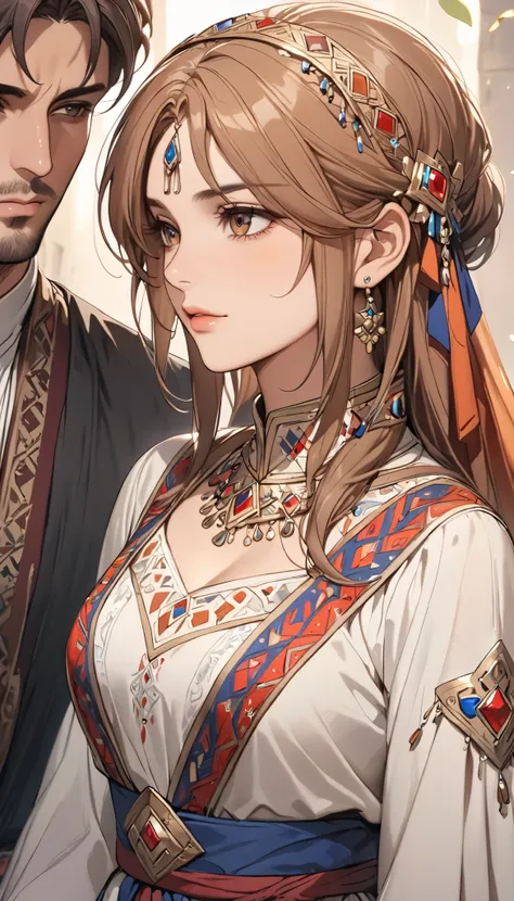 ((top quality)), ((masterpiece)), ( details), （perfect face）、(((One woman)))、 that woman is Princess Leona , medium length light brown hair、and an engagement ring、beautiful woman、 The woman is a beautiful Armenian man wearing an Armenian national costume.