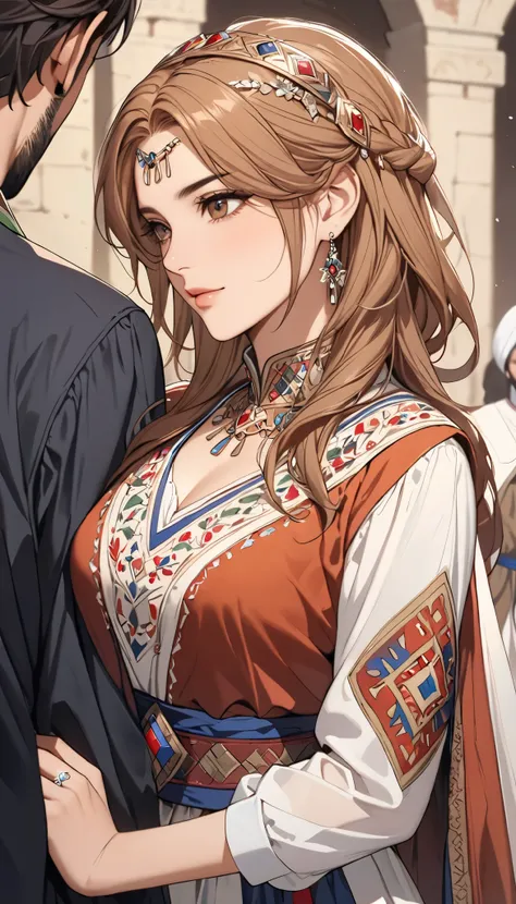 ((top quality)), ((masterpiece)), ( details), （perfect face）、(((One woman)))、 that woman is Princess Leona , medium length light brown hair、and an engagement ring、beautiful woman、 The woman is a beautiful Armenian man wearing an Armenian national costume.