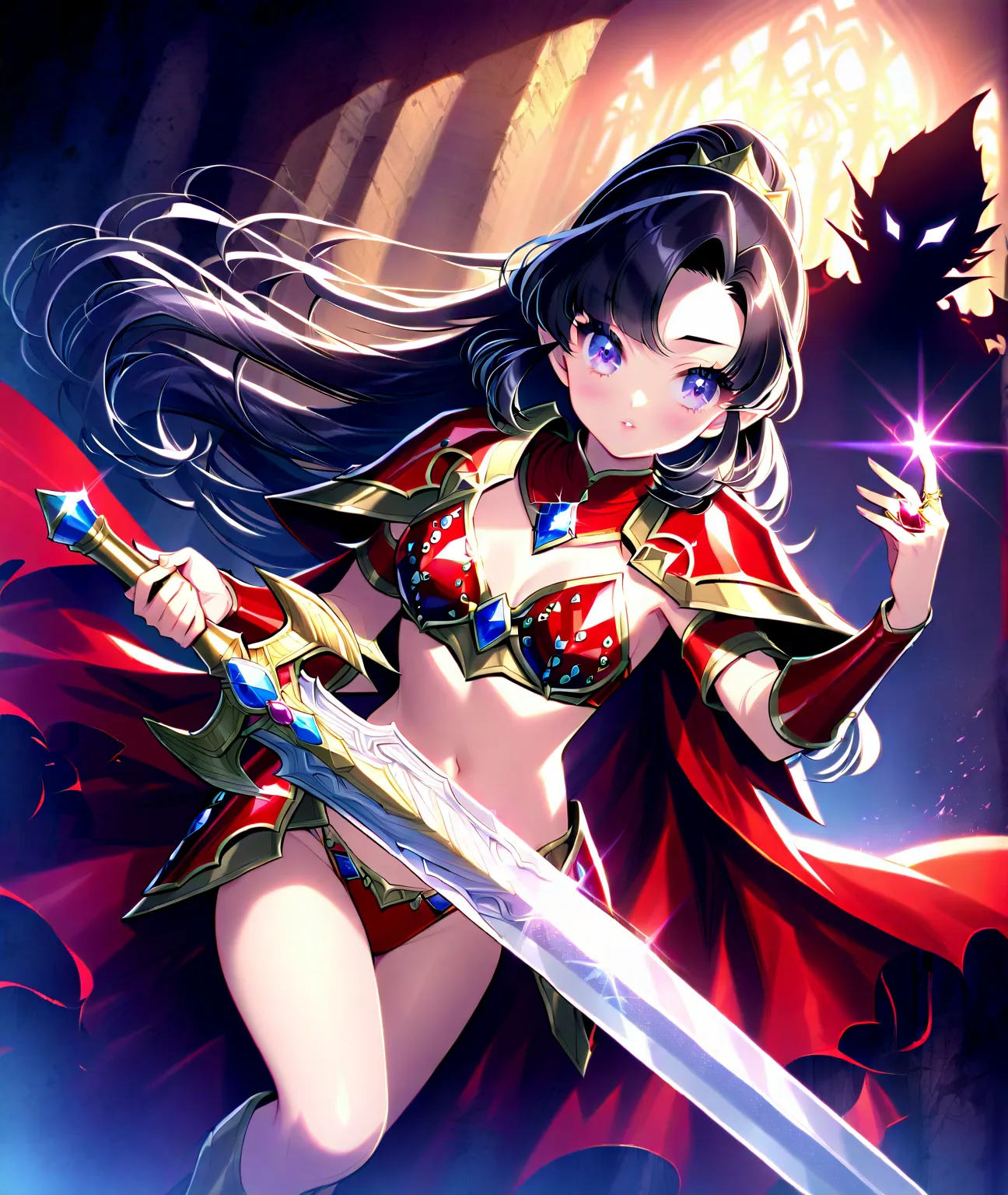 A lone beautiful princess, black hair and ponytail, with  a ring on her finger, wearing a red mantle and a jewel-encrusted bikini armor,facing a dark cave, wind blowing her red mantle, holding a shining sword, with the ominous shadow of a large demon loomi...