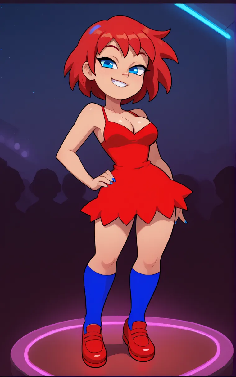 BlinkySDXL, blue eyes, short hair, breasts, dress, red hair, red dress, short dress, shoes, red shoes, cleavage, sleeveless dress, socks, blue socks, night, nightclub, neon lights, thin, short dress, looking at viewer, mischievous smile, teeth, dancing, a ...