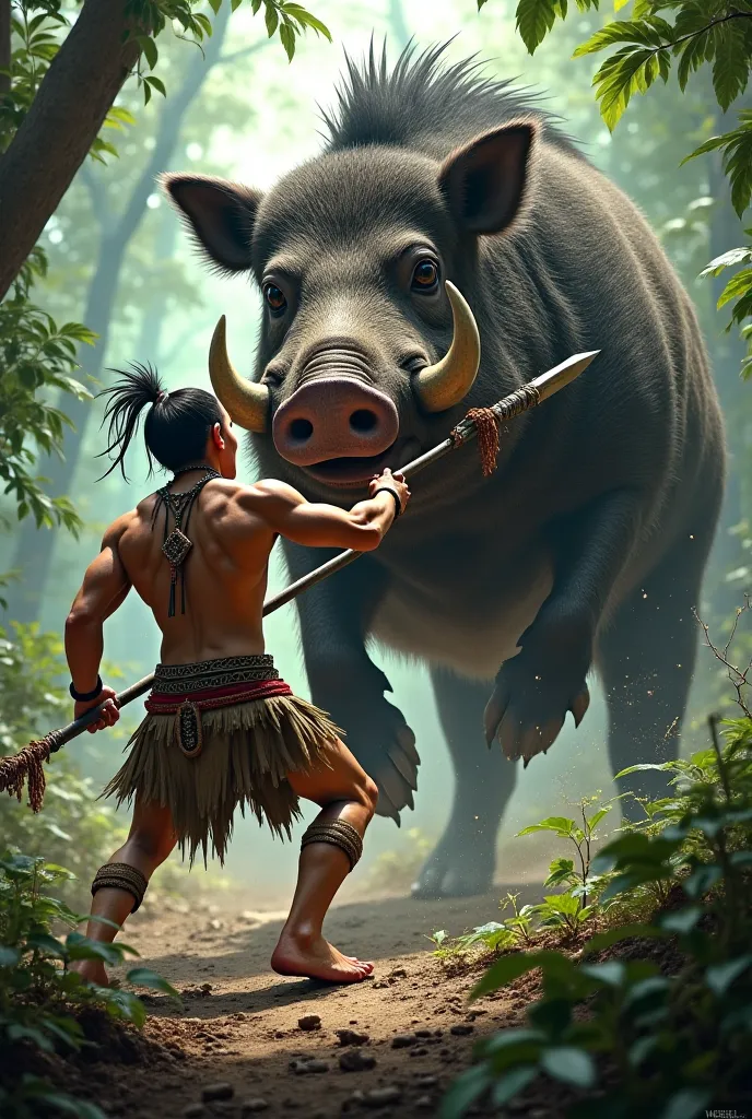  A filipino tribal warrior slaying a giant wild boar In a forest, make it epic, the boar is giant and fierce while being killed 