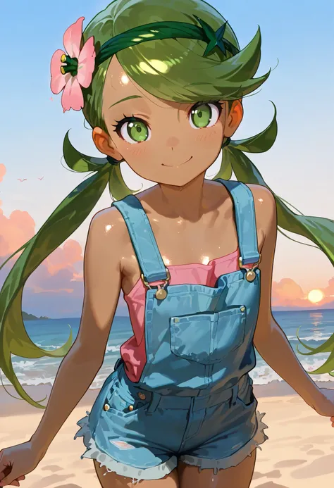 high resolution picture, masterpiece, best quality, amazing,mallow, 1girl, solo, green eyes, green hair, long hair, low twintails, swept bangs, dark skin, dark-skinned female, green hairband, hair ornament, hair flower, pink flower, 
pink shirt, bare shoul...