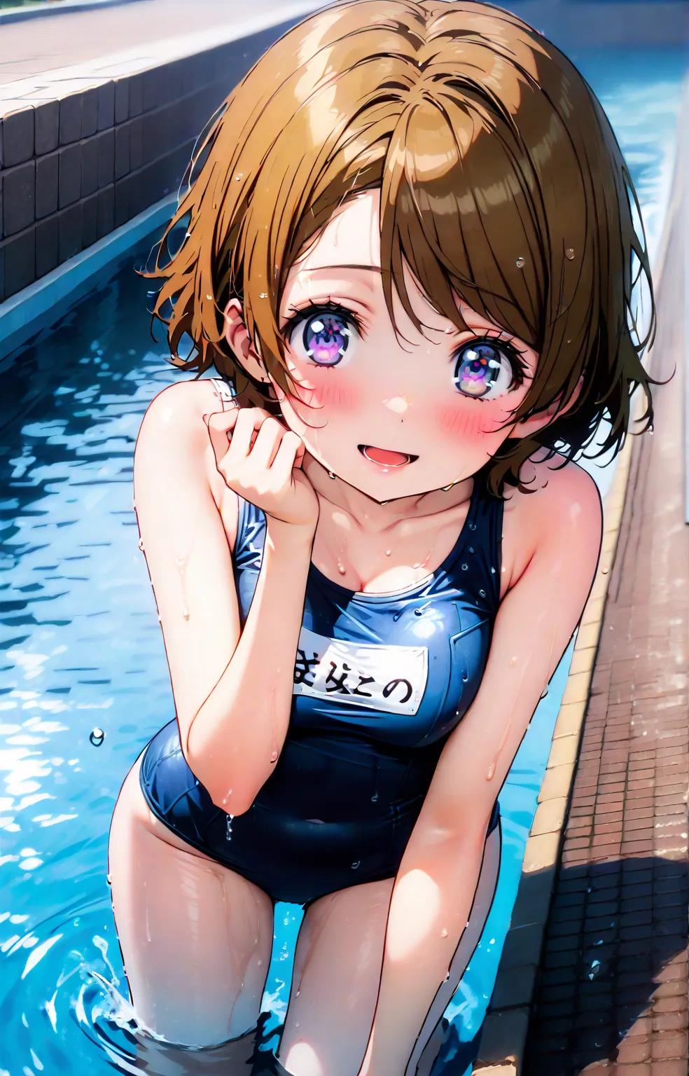  Hanayo Koizumi, Alone,short hair, brown hair, purple eyes,smile,blushes,open their mouths,Medium breast,old school swimsuit, school swimsuit, blue one-piece swimsuit, one-piece swimsuit, swimsuit, Belly button cover, wet swimsuit, collarbone,,  poolside, ...