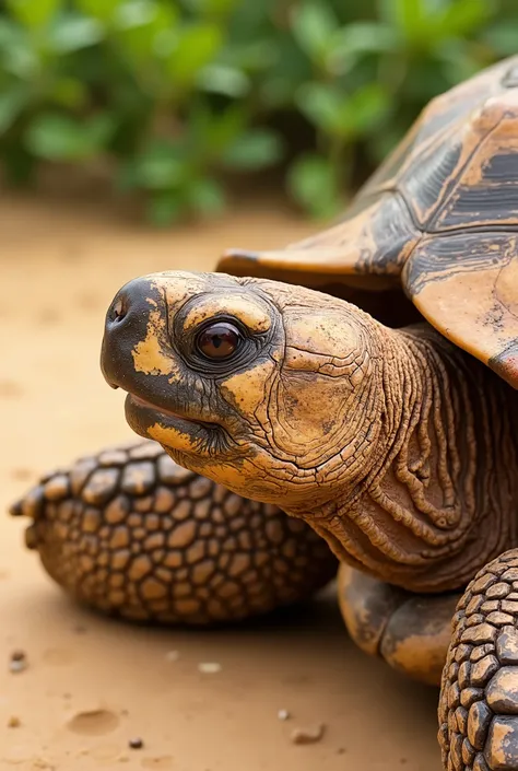 A **hyper-realistic extreme close-up** of the **textured shell of a giant tortoise at the turtle farm near Dakar, Senegal**. The **intricate patterns of the shell’s rough, weathered surface** display **natural cracks and ridges**, shaped by **decades of sl...