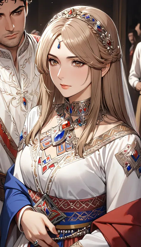 ((top quality)), ((masterpiece)), ( details), （perfect face）、(((One woman)))、(((There are no people around)))、 that woman is Princess Leona , medium length light brown hair、and an engagement ring、beautiful woman、 The woman is a beautiful Armenian man weari...