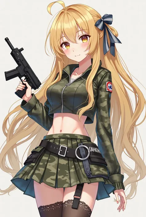 Anime girl with a long blonde braid with bow, a cachi crop top with a zip, long camouflage sleeves and patches , a low waist mini military camouflage skirt with black belt and a pouch, knee high socks with lace garters and a gun