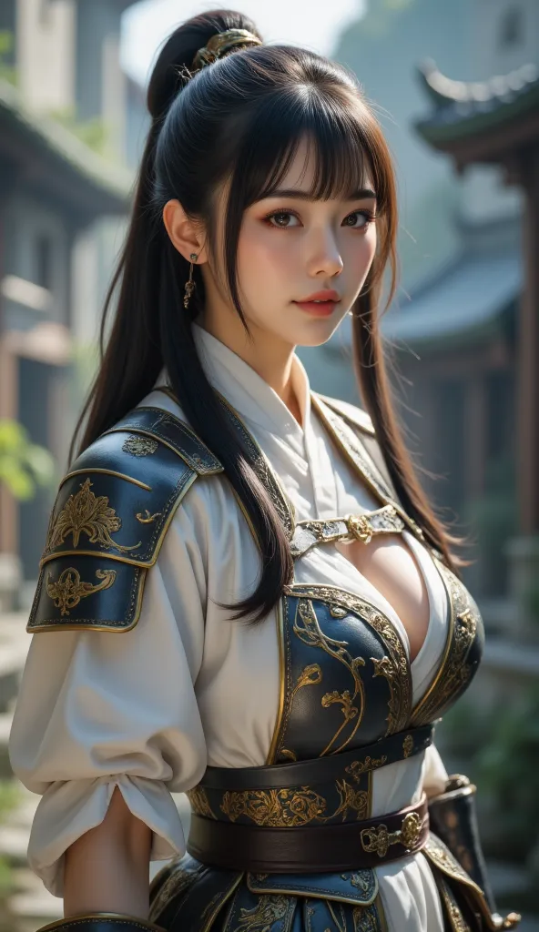 ((full body)) display、Fantasy World Inhabitants、Older swordswoman、Age 35、Cute face、Japanese、Mysterious look、smile、Fearless smile、Long Black Hair、ponytail、Bangs are drooping、Upper body is wearing armor、Shorts、Warrior's attire、Holding a Japanese sword、Equipp...