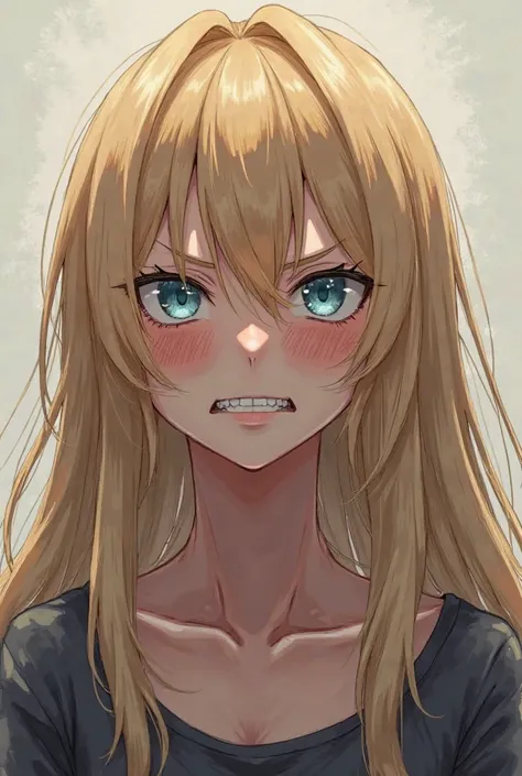 (best quality, masterpiece) sad angry long blonde hair anime girl with blue eyes looking off to the side of the picture frustrated gritting her teeth frowning