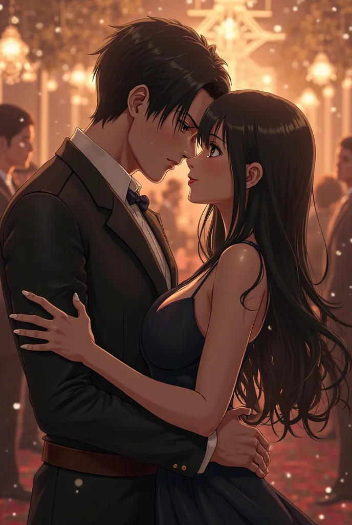 Levi Ackerman from attack on titan hugging around the waist a Woman with long black hair to the waist hazel eyes with a decisive look and light smile wearing an elegant black dress for party animation style map