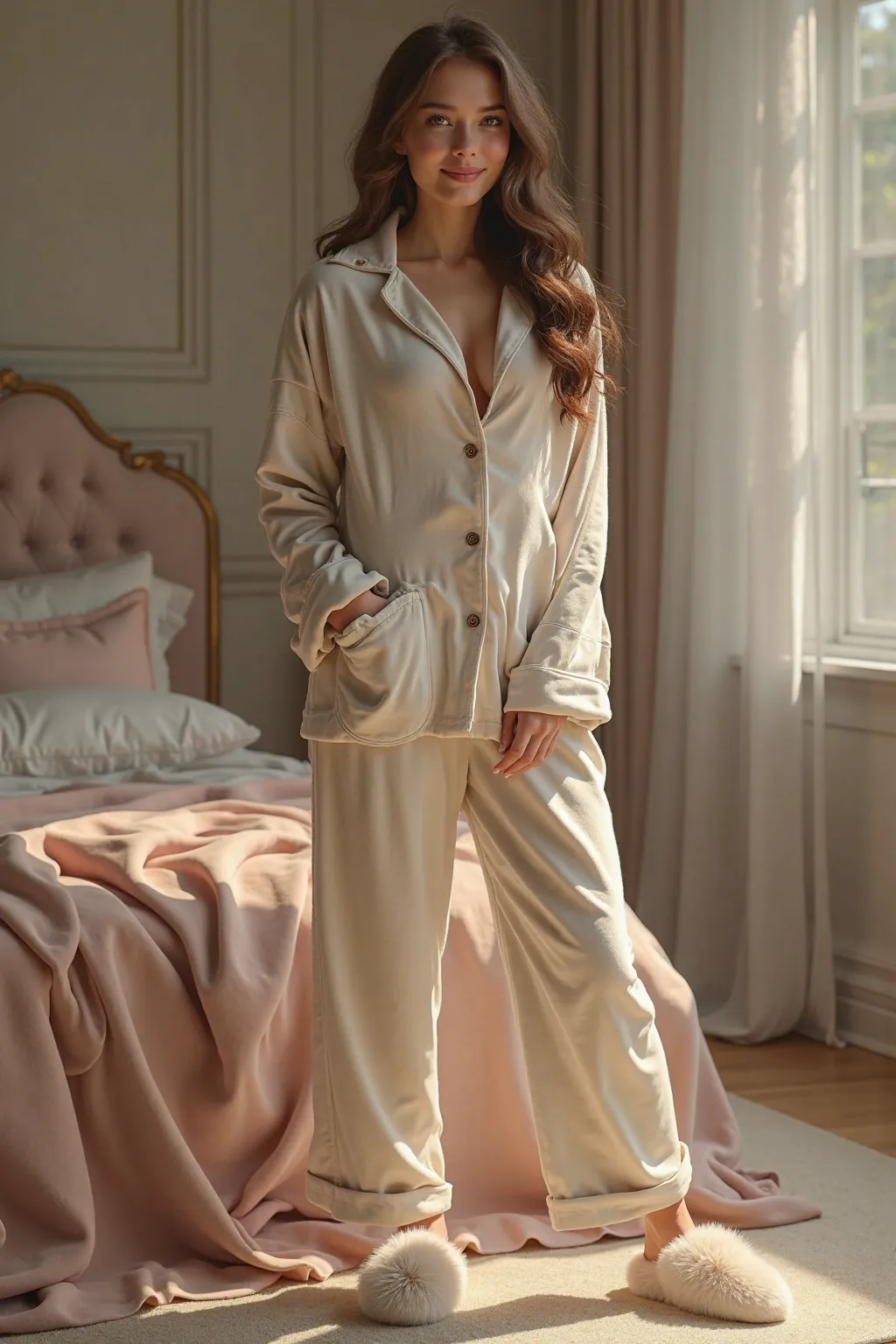 Create a photorealistic image of a young American model, 169 cm, wearing a  pair of loose fit, Faux Fur  pyjamas and Faux Fur slippers