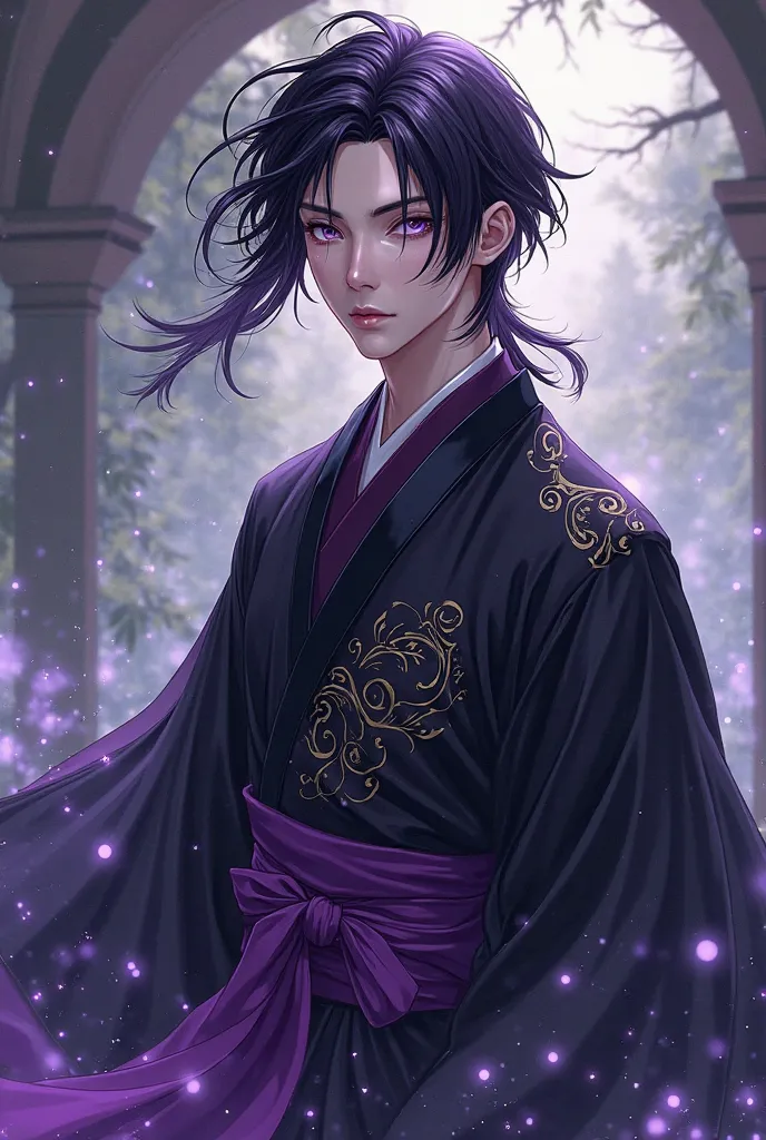 A man with long black hair and purple eyes, wearing a dark kimono with a purple obi. Anime style