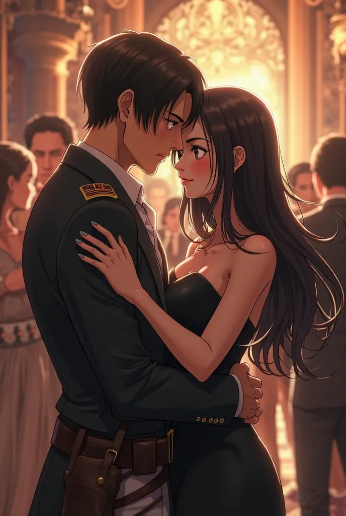 Levi Ackerman from attack on titan hugging around the waist a Woman with long black hair to the waist hazel eyes with a decisive look and light smile wearing an elegant black dress for party animation style map