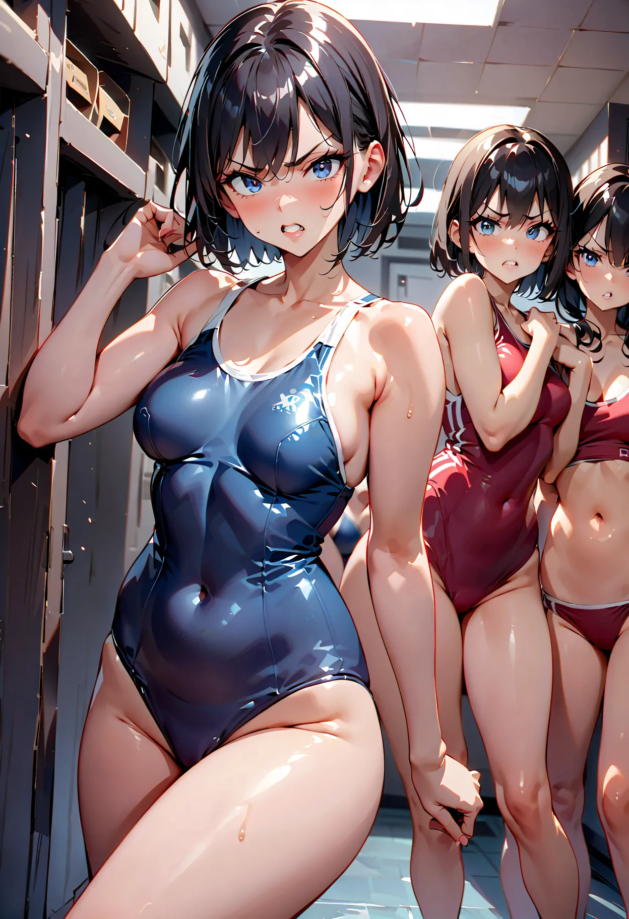 , (A lot of girls:1.6), ((ONE PIECE school swimsuit)) , (black hair, bob cut，ponytail, twin tail blue eyes), (angry face:1.3), Beautiful Eye Color, glossy lips,  plump lips,  Perfect Legs, slender body, small breasts , ( furious :1.5),Perfect Arms , cinema...