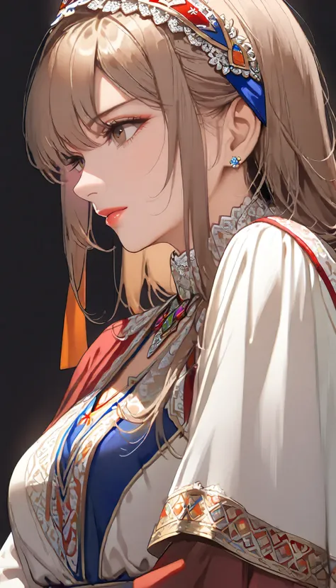 ((top quality)), ((masterpiece)), ( details), (perfect face)、(One woman:1.8)、No background、(There are no people around:1.8)、 that woman is Princess Leona , medium length light brown hair、and an engagement ring、beautiful woman、 The woman is a beautiful Arme...