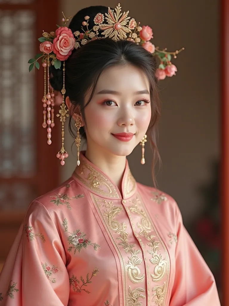 Help me look like a noble lady from the Qing dynasty， Hair brush peony head，A pink palace dress，, golden, soft smoke on the waist，, and the head shakes with red gold dots，graceful and luxurious between steps，makes no secret of his attitude of favoring the ...