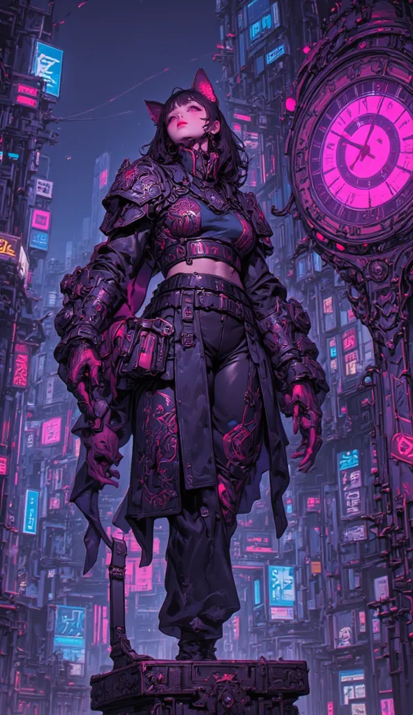 "cyberpunk fantasy blend, mischievous cat-eared thief with void-black hair, biomechanical arm fused with cosmic tentacles, wearing asymmetrical leather armor with glowing circuit patterns, winking while standing on a collapsing clocktower, neon and decay c...