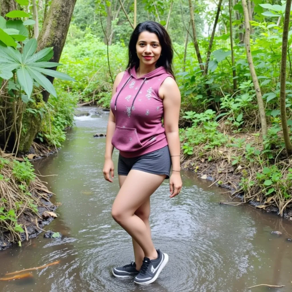 Showing beautiful forest stram in kerala. A Female with chubby face broad jawline,wet black hairs,No make up face,no lipstic lips,, huge  voluptuous breast curvy,weared dark  pink printed sleeveless sweatshirt with hoodies and  grey sleepwear tight cotton ...