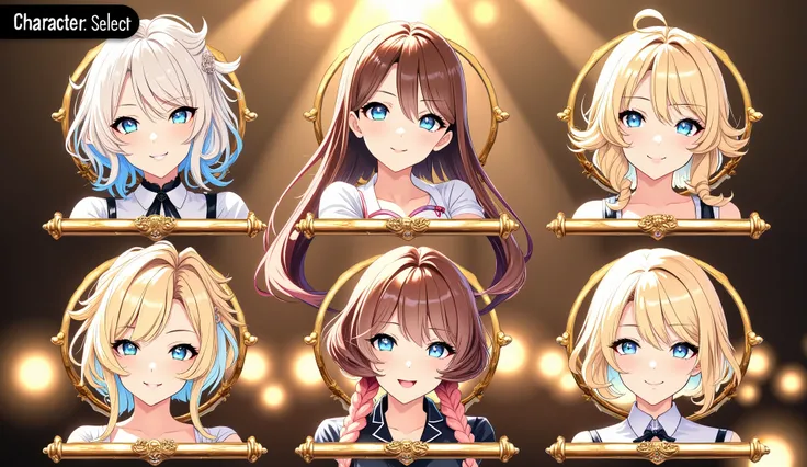 Game Character Selection Screens, Refined Game UI, ((UI text at the top of the screen:" Character Select ")), Precise anime style, 6 Girls , Diverse Features ,charming expression, Cute Costumes, (( beautiful shining eyes:1.1, glossy lips , Highly Detaile...