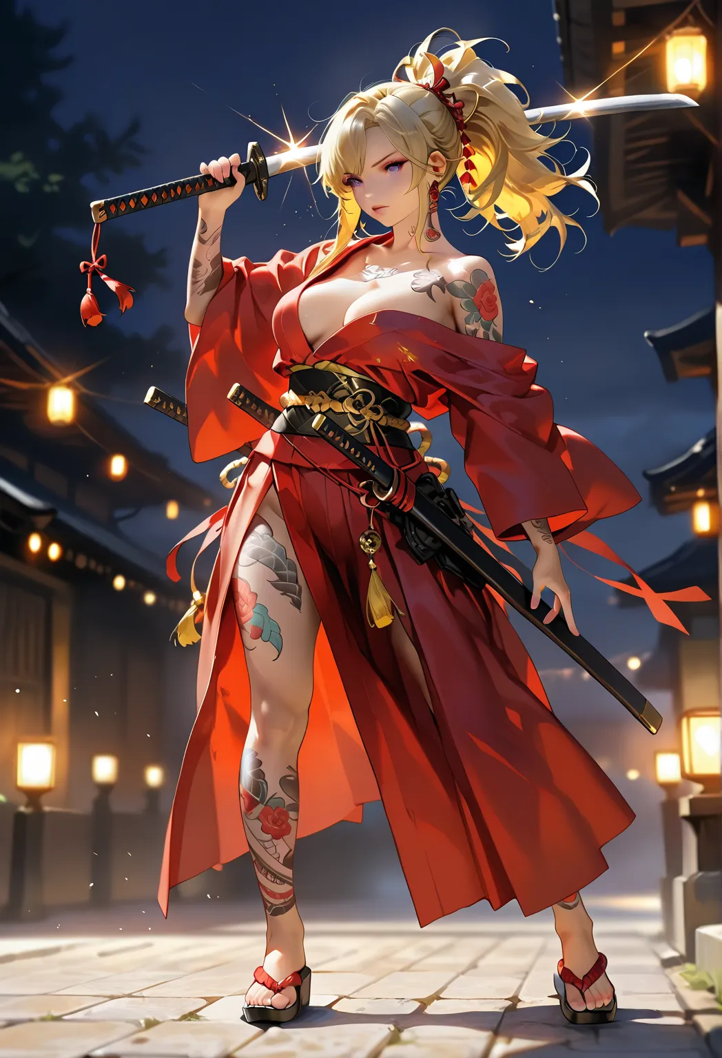 Masterpiece, (highest quality, create a high resolution,4K, 8k),(realistic, photoRealistic: 1.5), A beautiful samurai holds a Japanese sword、Battle action where you fight enemies with swordsmanship 、   Ponytail、  yellow hair  、  brown skin 、   Read more、  ...