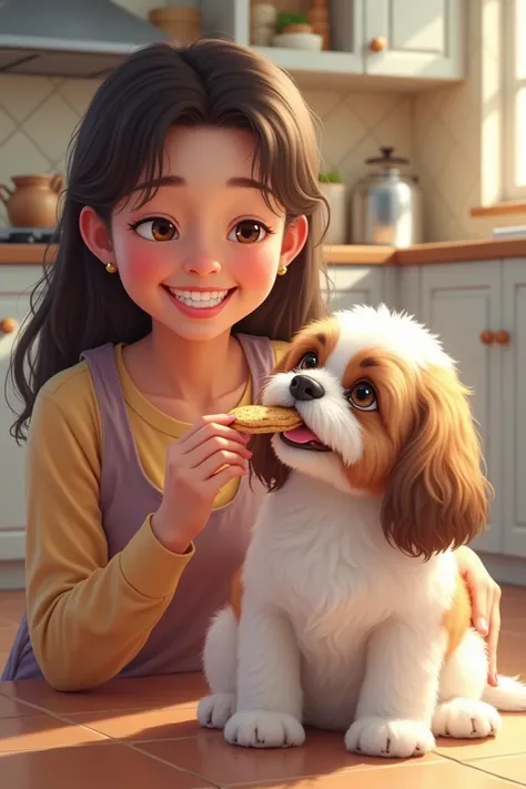 Make a real image of a woman feeding her shih-tzu, the Shih-Tzu has brownish spots from acid tears, They are in the kitchen super happy