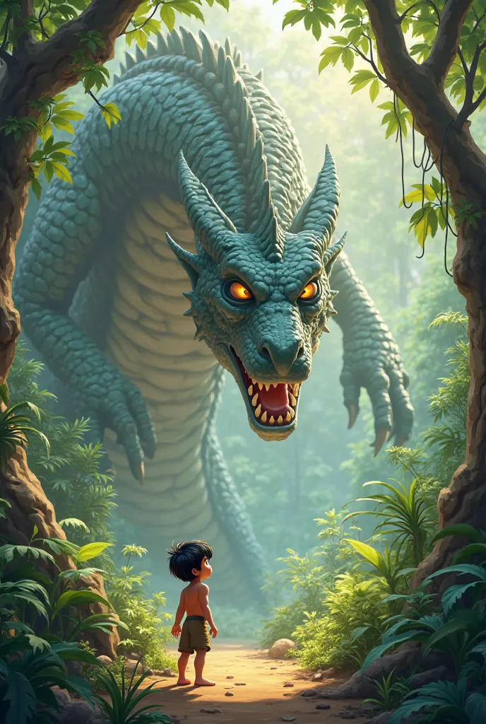 Scene 1: A Walk in the Jungle
Mowgli walks through the jungle, enjoying the fresh air. Suddenly, he stops, eyes wide, as he sees a huge dragon in front of him.3d cartun 