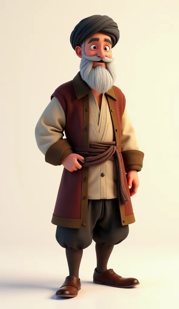 A senior Ottoman gentleman from the 16th century, about 65 years old, cute expression, (animation style), with a neatly groomed short beard mixed with black and white. He wears a historically accurate Ottoman outfit with a small turban and traditional felt...