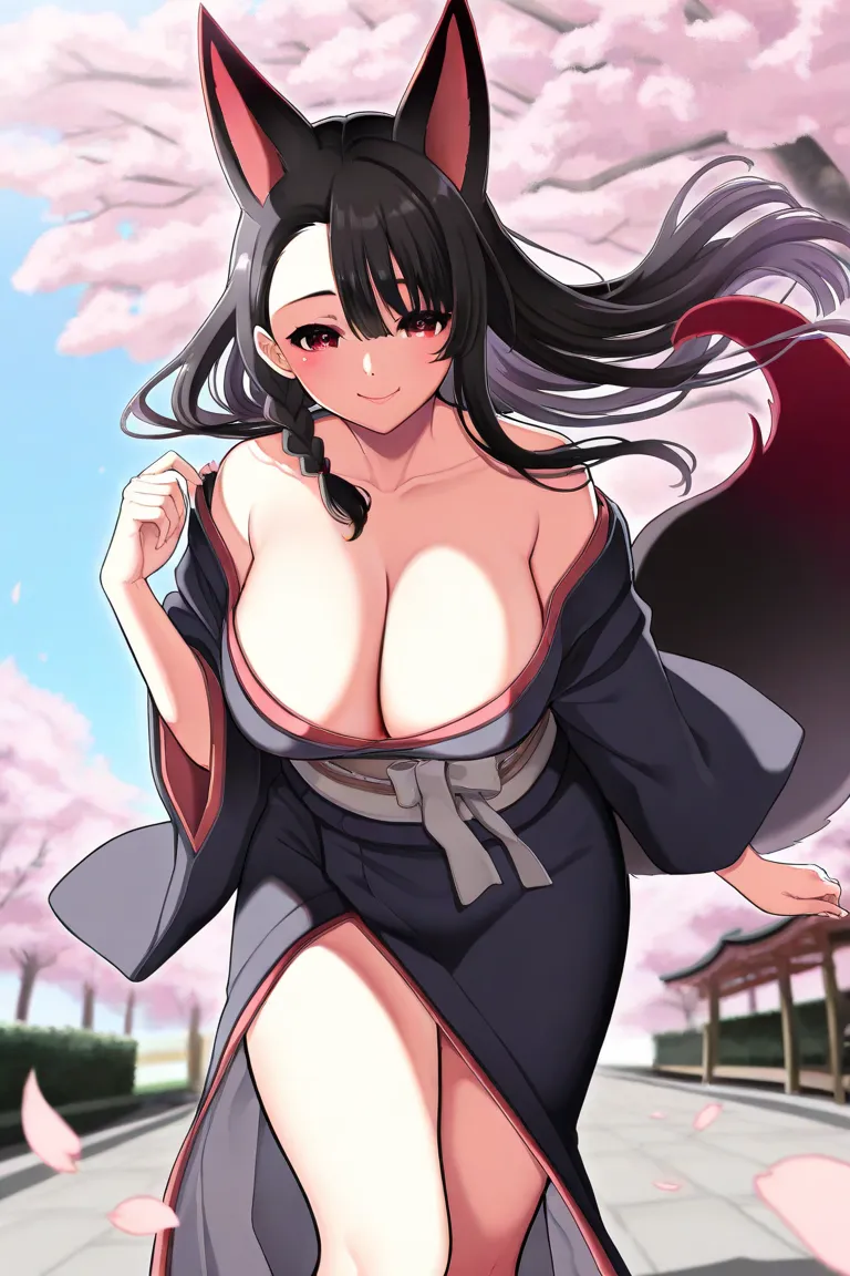 (woman, mature,((large breasts)), detailed long hair, asymmetrical bangs, side braid, detailed (black hair), floating hair, Beautiful face,fox ears, ((deep red eyes)), Two-pronged fox tail, japanese clothes, smile,  cherry blossoms, outdoors, Hanabubuki)