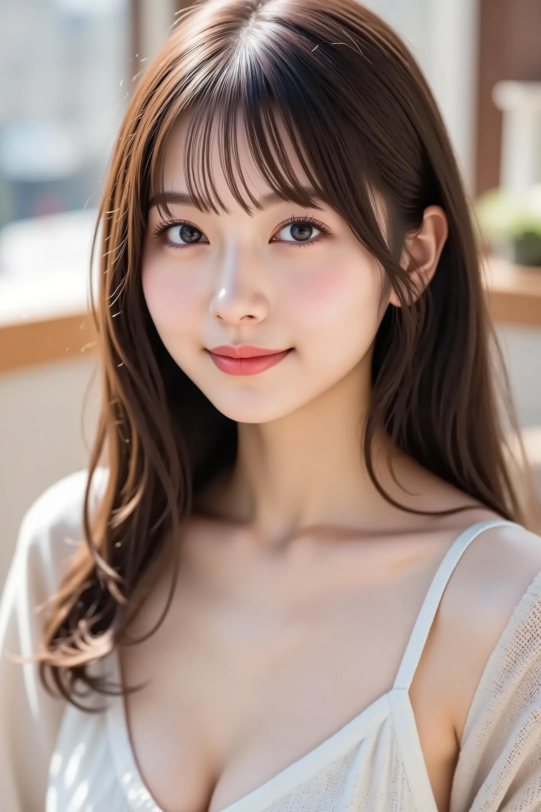 The face is positioned exactly in the center of the image , , the entire head is fully reflected , Face clearly visible、hoodie, Women's Room Background , curly long hair、bungs, smile, young and cute japanese face , Official Art, high image quality CG Unity...