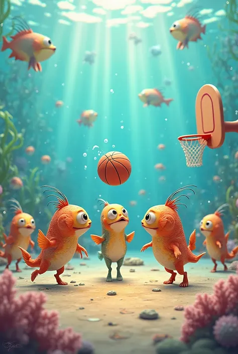 fish playing basketball 
