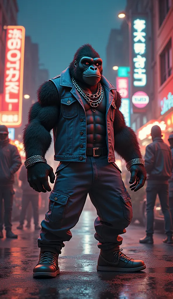 An enchanting scene of a busy street at night, with flashing neon signs and old cars with low suspension, creating a vibrant atmosphere full of hip hop culture.  in the center, an anthropomorphic gorilla looking muscular and charismatic, with a determined ...