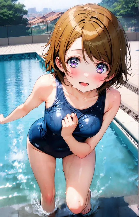  Hanayo Koizumi, Alone,short hair, brown hair, purple eyes,smile,blushes,open their mouths,Medium breast,old school swimsuit, school swimsuit, blue one-piece swimsuit, one-piece swimsuit, swimsuit, Belly button cover, wet swimsuit, collarbone,,  poolside, ...