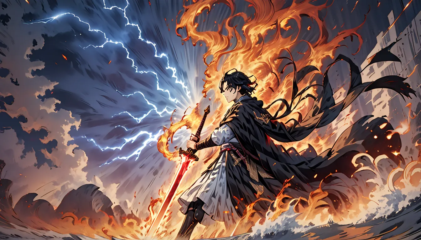 "A cinematic close-up of a black-haired young hero unleashing his ultimate attack. His sword radiates immense energy, engulfed in swirling flames, crackling lightning, and a celestial golden glow. The sheer force of his power distorts the air around him, c...