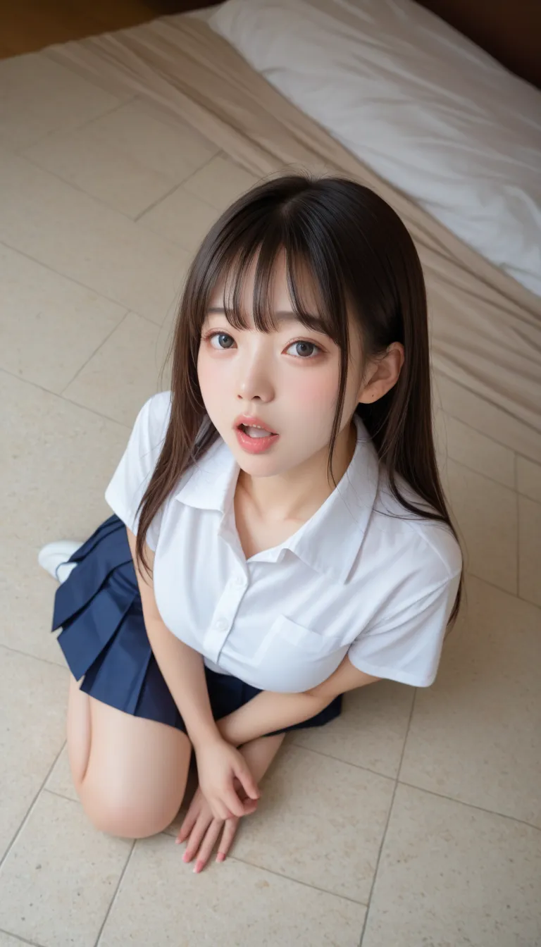  small 、((Japanese women)) , ((  white Y shirt))、(curvy body)、  sensual expression、((slightly above angle))、Open your mouth lightly  、I'm staring  、on the bed、 looks up 、(Indoor Floor Pleated Skirts) 、(face)、((胸のgap ))、(from above、 gap)、((high school unifo...