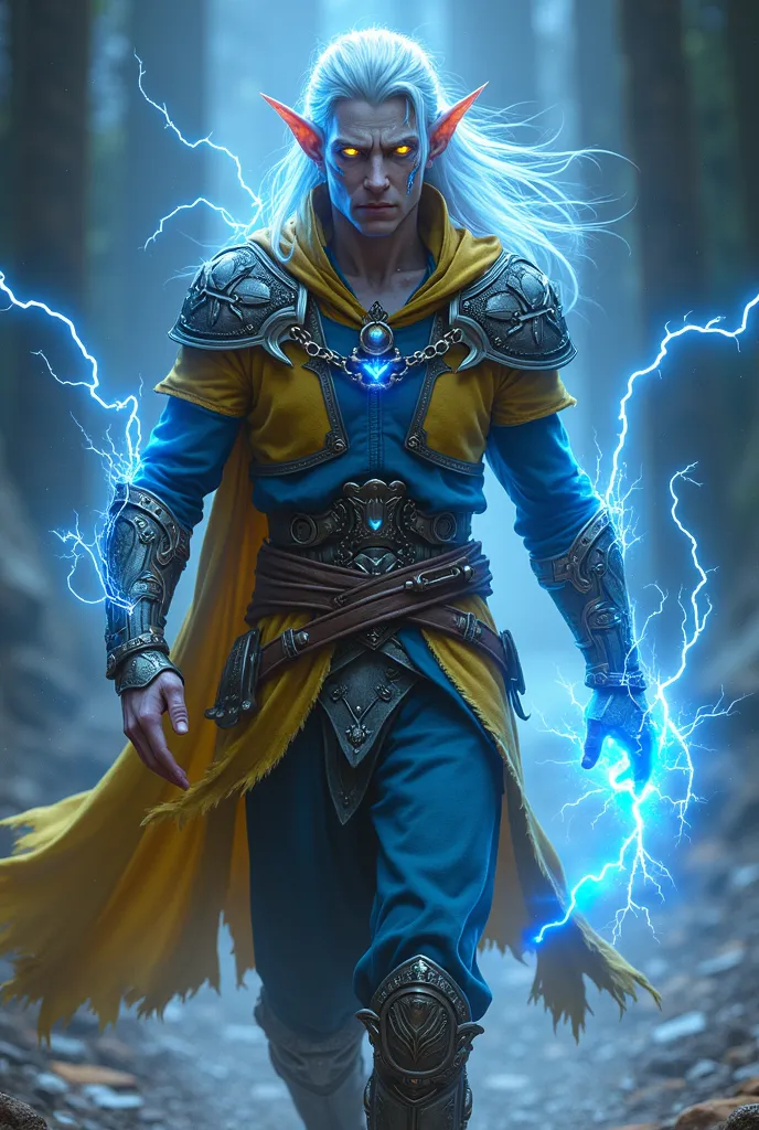 A typical elf, he has silver or electric blue hair that glows faintly in the light, and vibrant eyes of lightning blue or blazing gold, pulsing with energy. His skin can be pale with bluish highlights or gray like storm clouds, often marked by luminous vei...